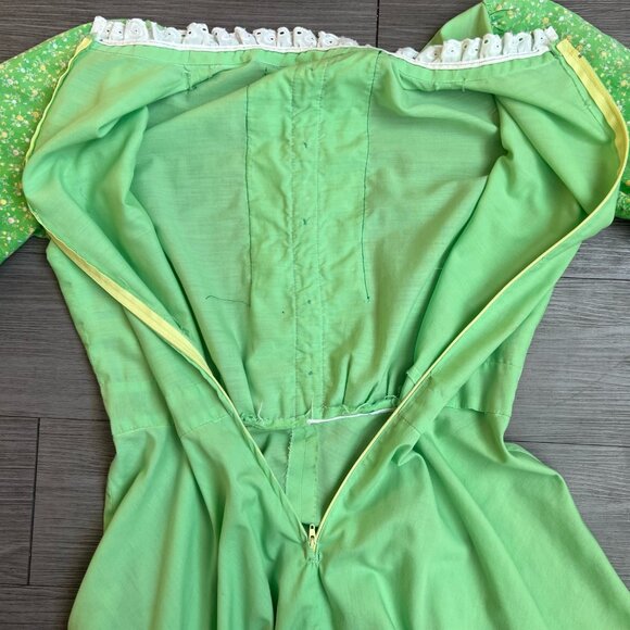 Vintage Handmade Green Floral Ruffle Bodice Mock Neck Midi Prairie Dress Size M - Picture 5 of 8
